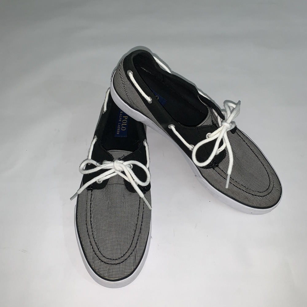 Polo Ralph Lauren Lander Boat Shoes Mens Size 12 Black Gingham Canvas Casual